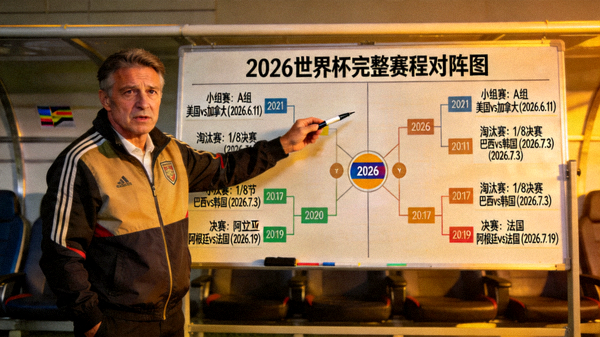 主帅在战术板前分析2026世界杯完整赛程对阵图