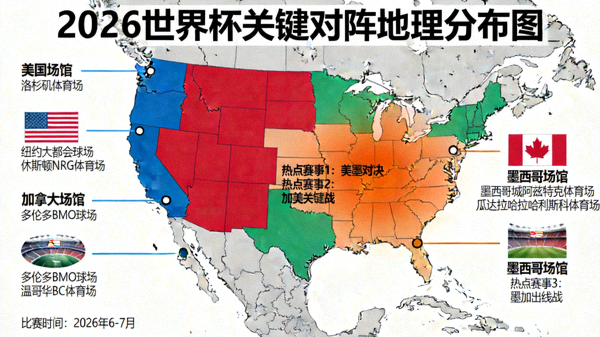 2026世界杯关键对阵地理分布图：美加墨三国场馆位置与比赛热点
