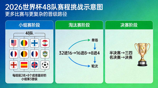 48支球队参赛的2026世界杯赛程挑战示意图：更多比赛与更复杂的晋级路径
